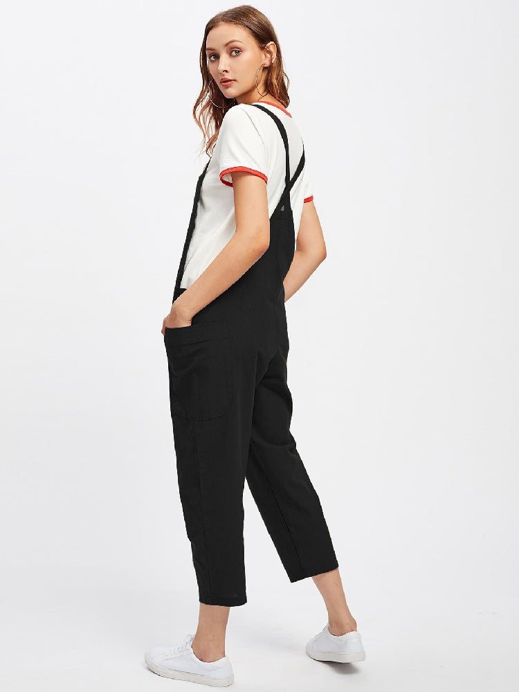 Casual Cotton Pocket Suspenders Cropped Overalls