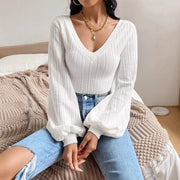 Women's Spring And Autumn Solid Color Bishop Sleeve V-neck Long Sleeve T-shirt
