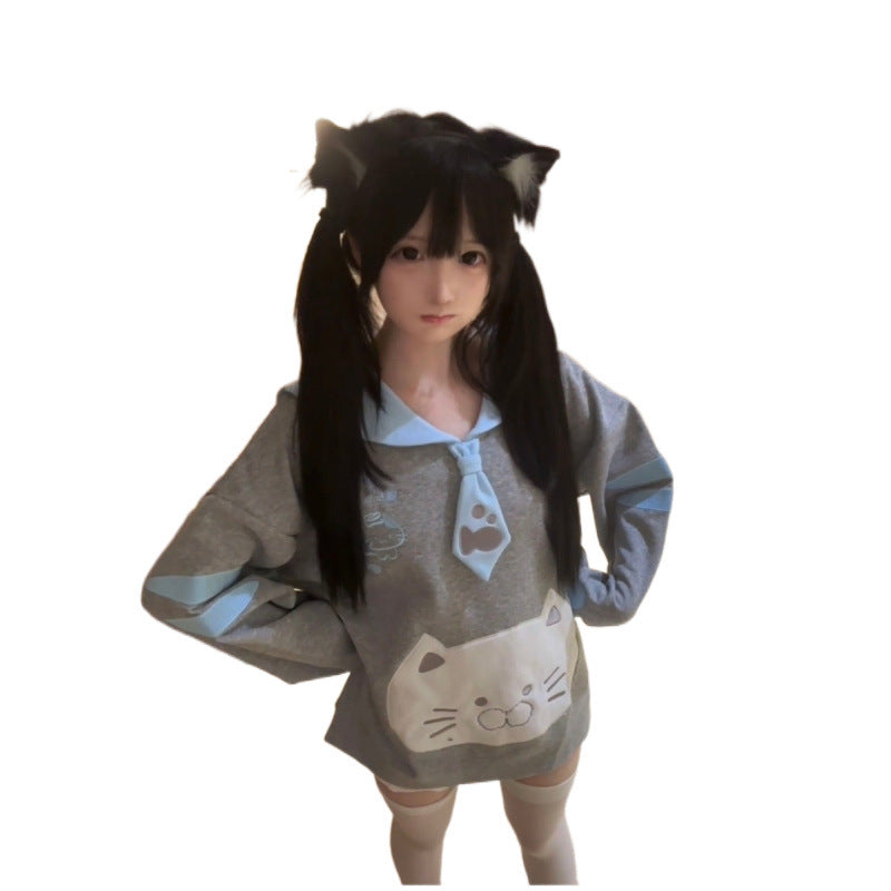 Cute Embroidered Cloud Cat Navy Collar Long Sleeve Sweater