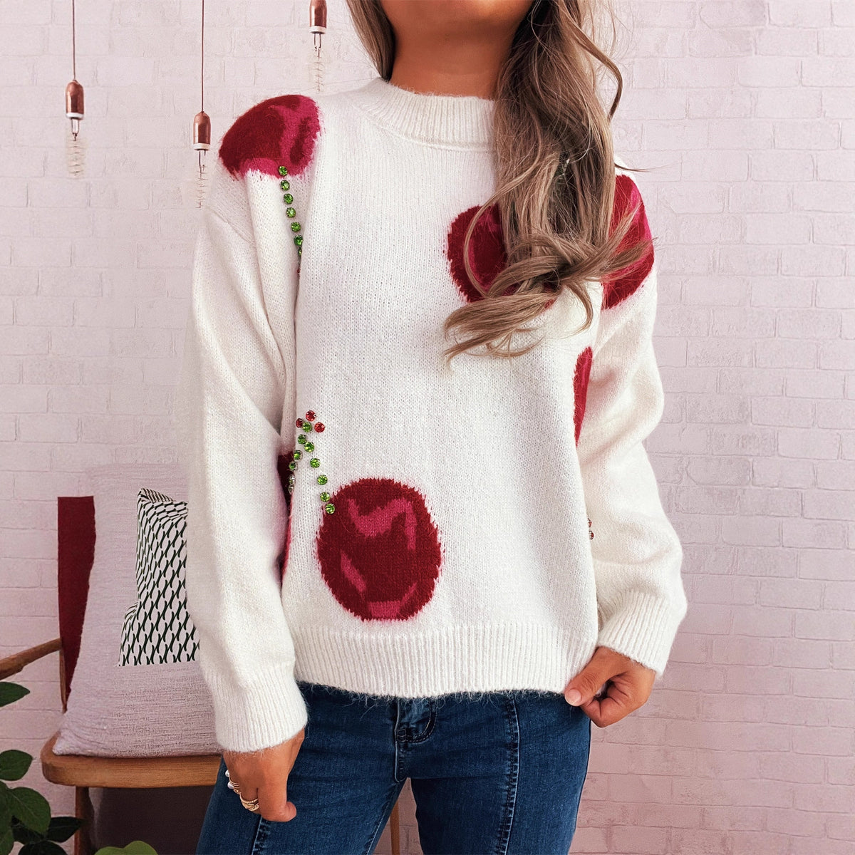 Women's Casual Loose Cherry Jacquard Color-block Knit Sweater