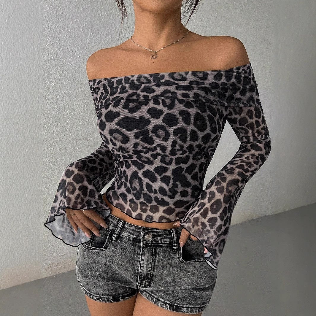 Off-shoulder Long Sleeve Leopard Print Top