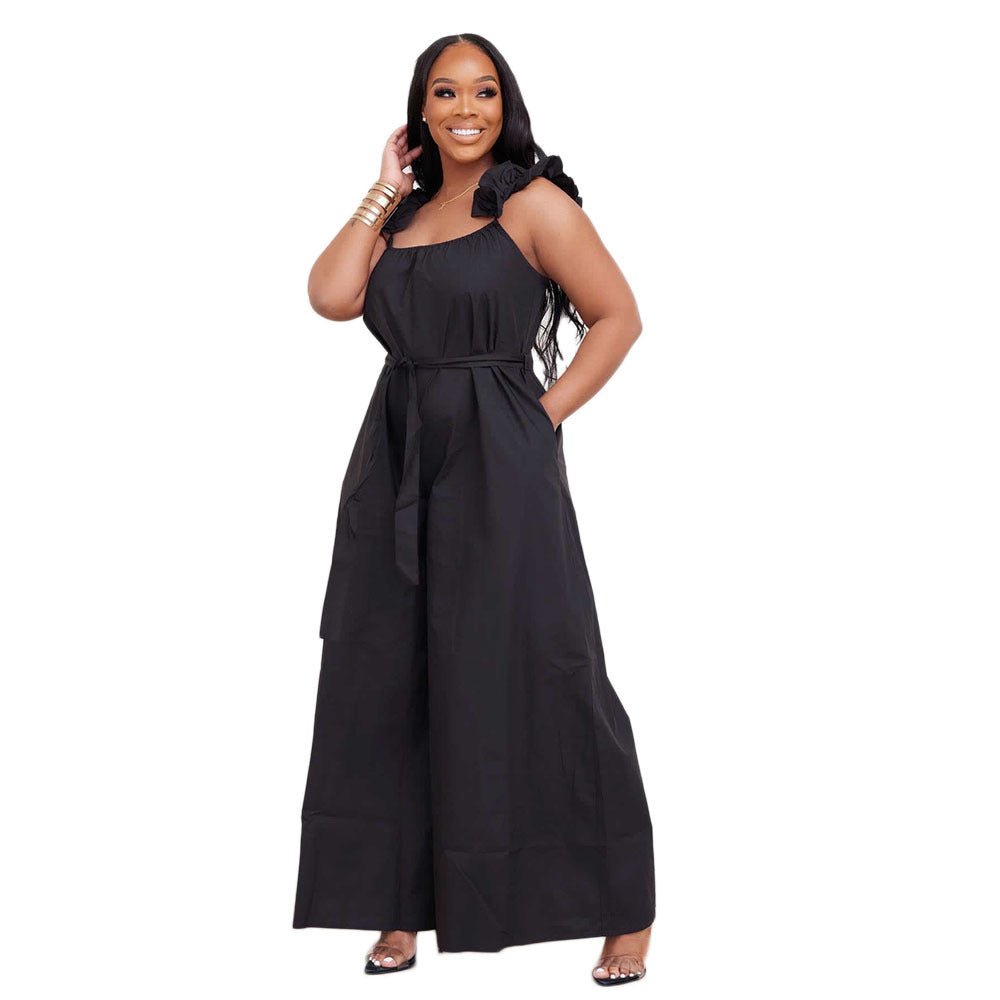 Womens Lace-trimmed Strap Back-cutout Solid-color Jumpsuit