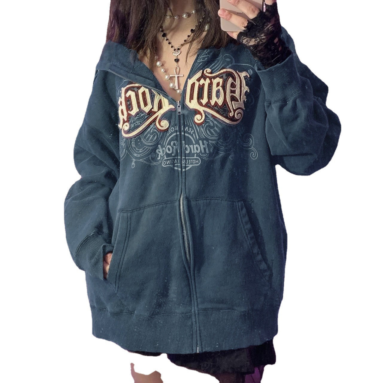 Letter Embroidered Zip-Up Cardigan Sweater Coat