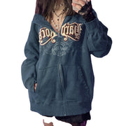 Letter Embroidered Zip-Up Cardigan Sweater Coat