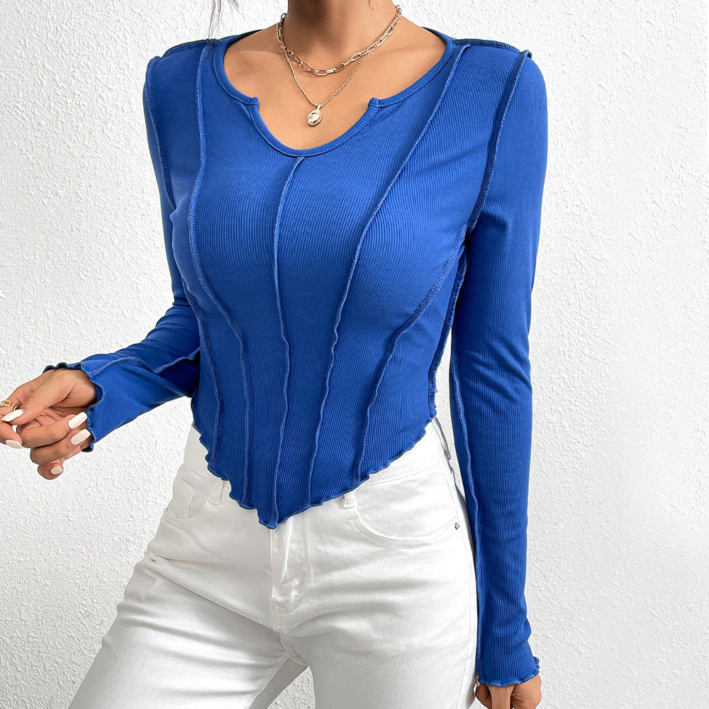 V-Neck Irregular Knit Long Sleeve Top