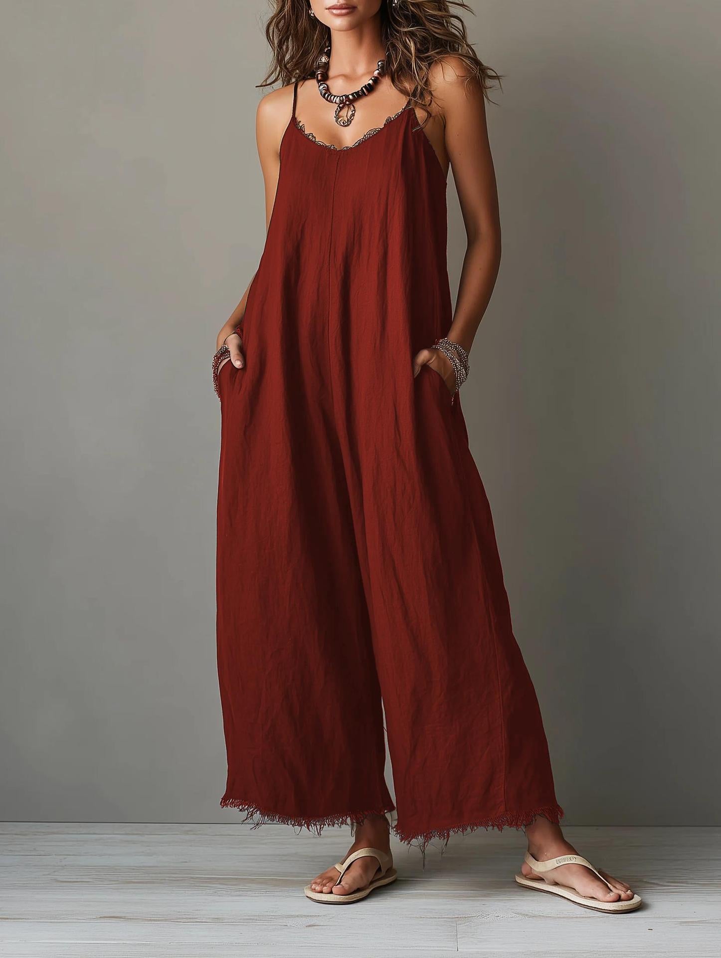 Womens Loose-fitting Solid-color Wide-leg Jumpsuit With Straps