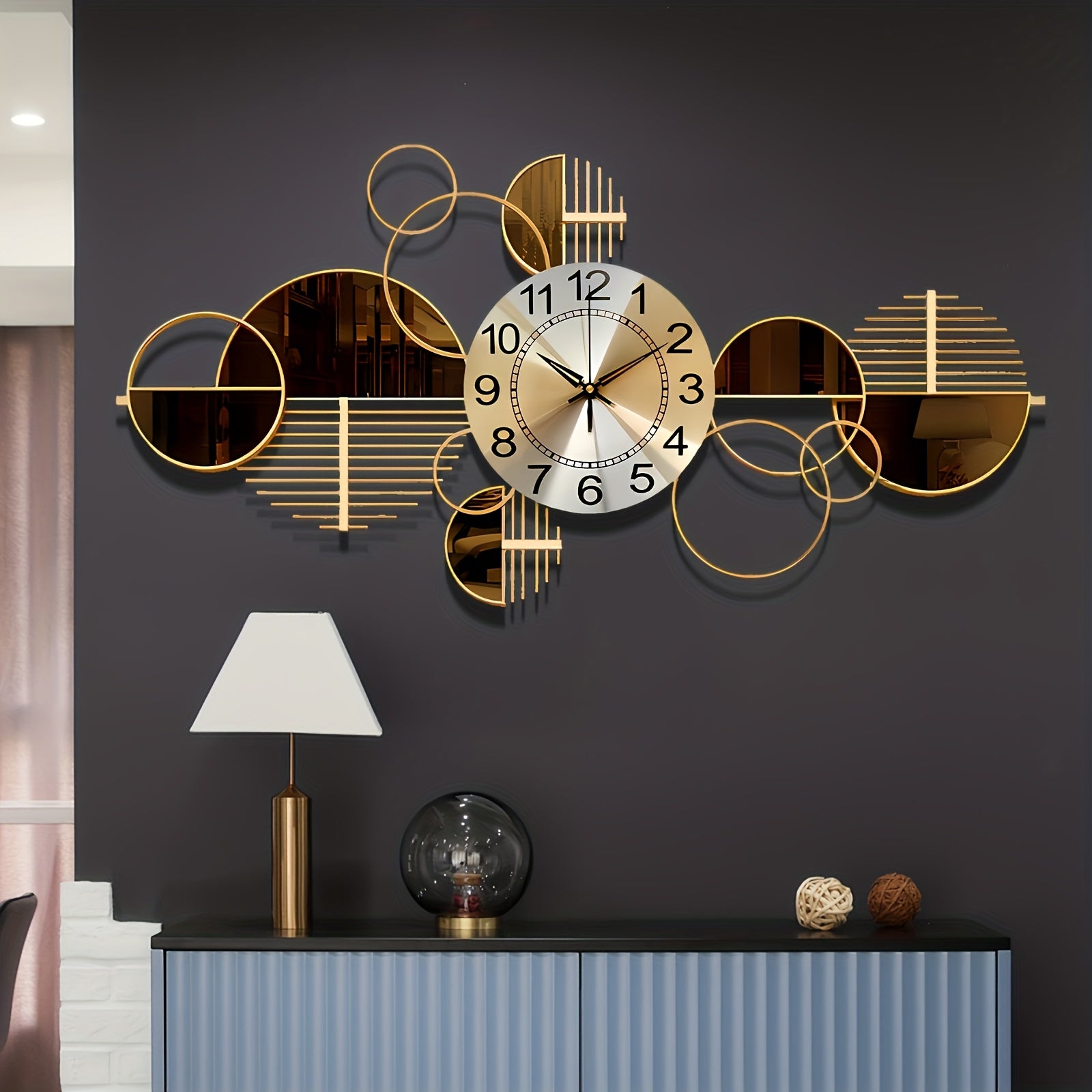 31x17 Inch Large Modern Metal Wall Clock - Silent Non-Ticking Golden Geometric Art Deco Design with Black Face & Golden Hands, Large Irregular Shaped Minimalist Clock for Living Room, Bedroom, Office - Luxury Large Wall Clock for Decor