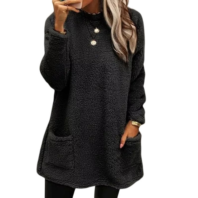 Women's Casual Pocket Long Sleeve Velour T-Shirt Dress