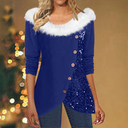 Sequin Fur Collar Off-Shoulder Long Sleeve Top