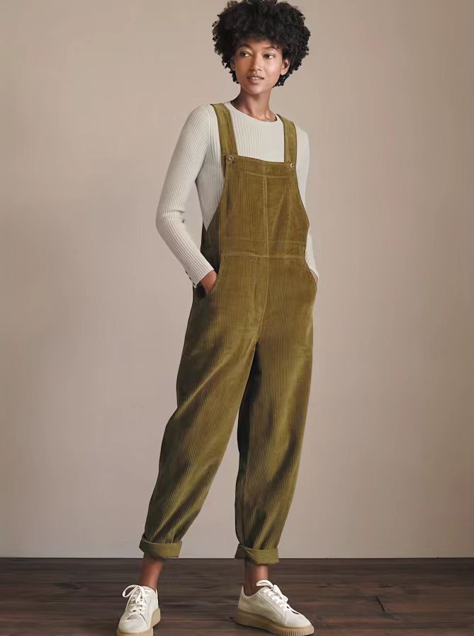 Women's Corduroy Bib Overalls Casual Loose Jumpsuit