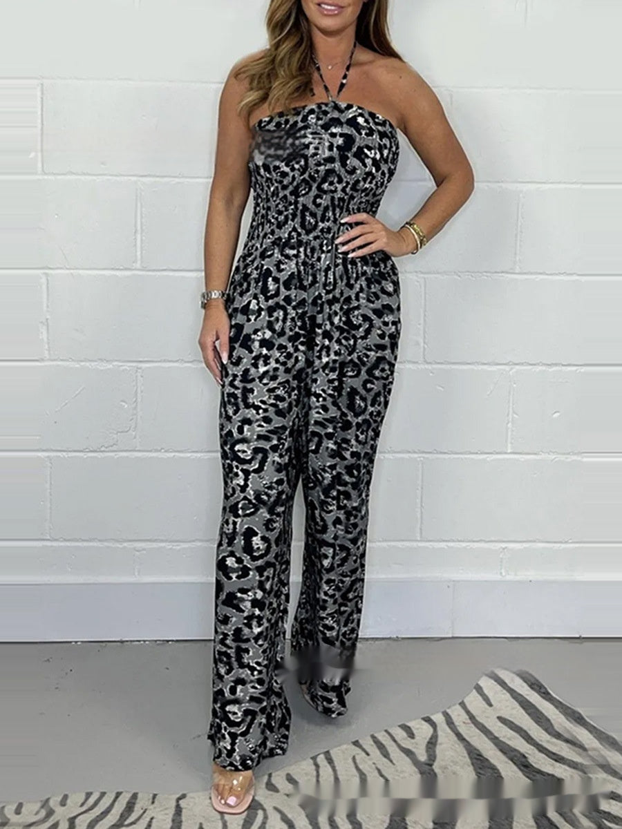 Summer Womens New Fashionable Printed Tube Top Jumpsuit With Wide-Leg Pants