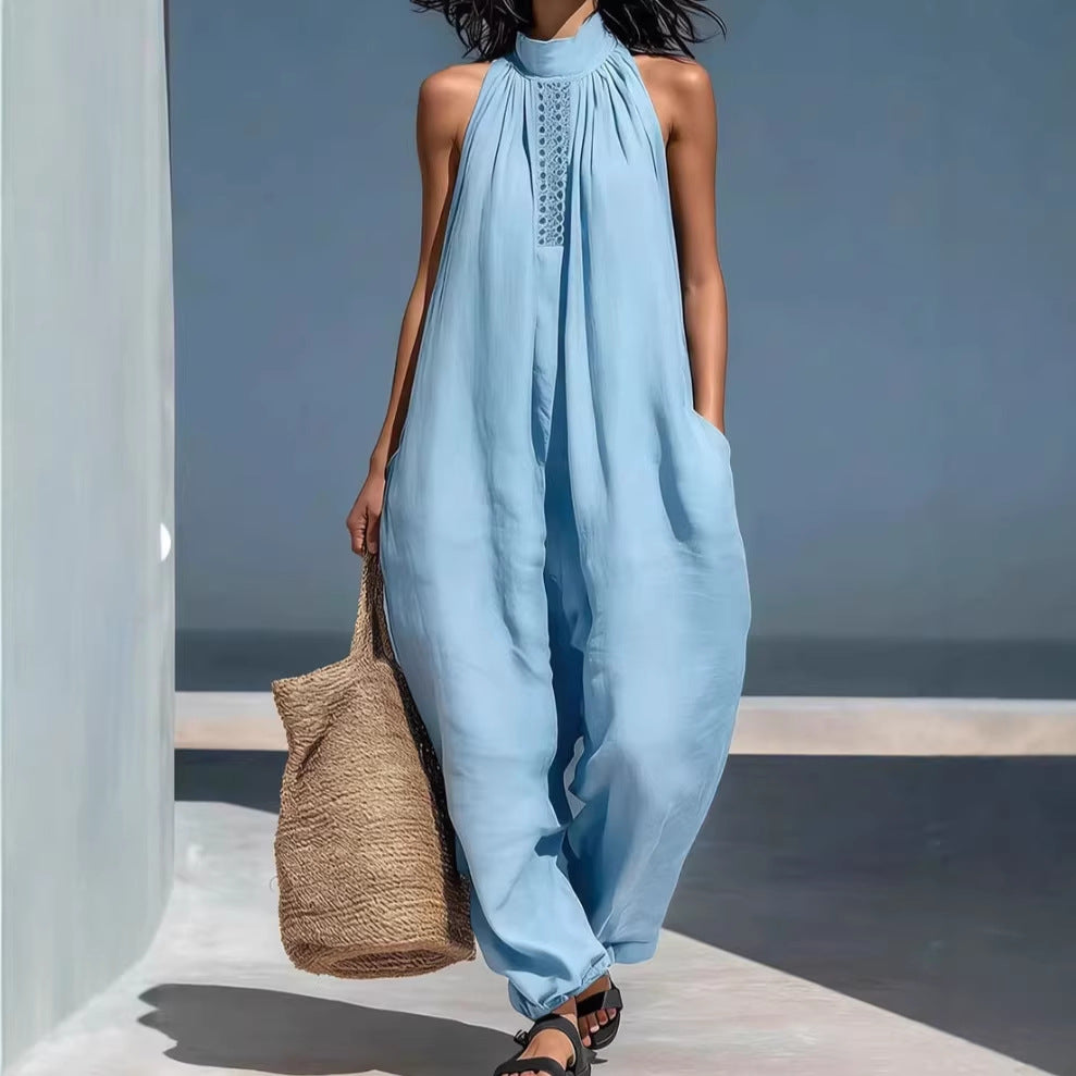 Women's Casual Sleeveless Stand-Collar Loose Jumpsuit
