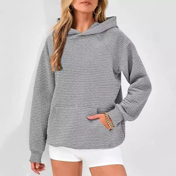 Women's Long Sleeve Hooded Plaid & Stripe Pullover Top