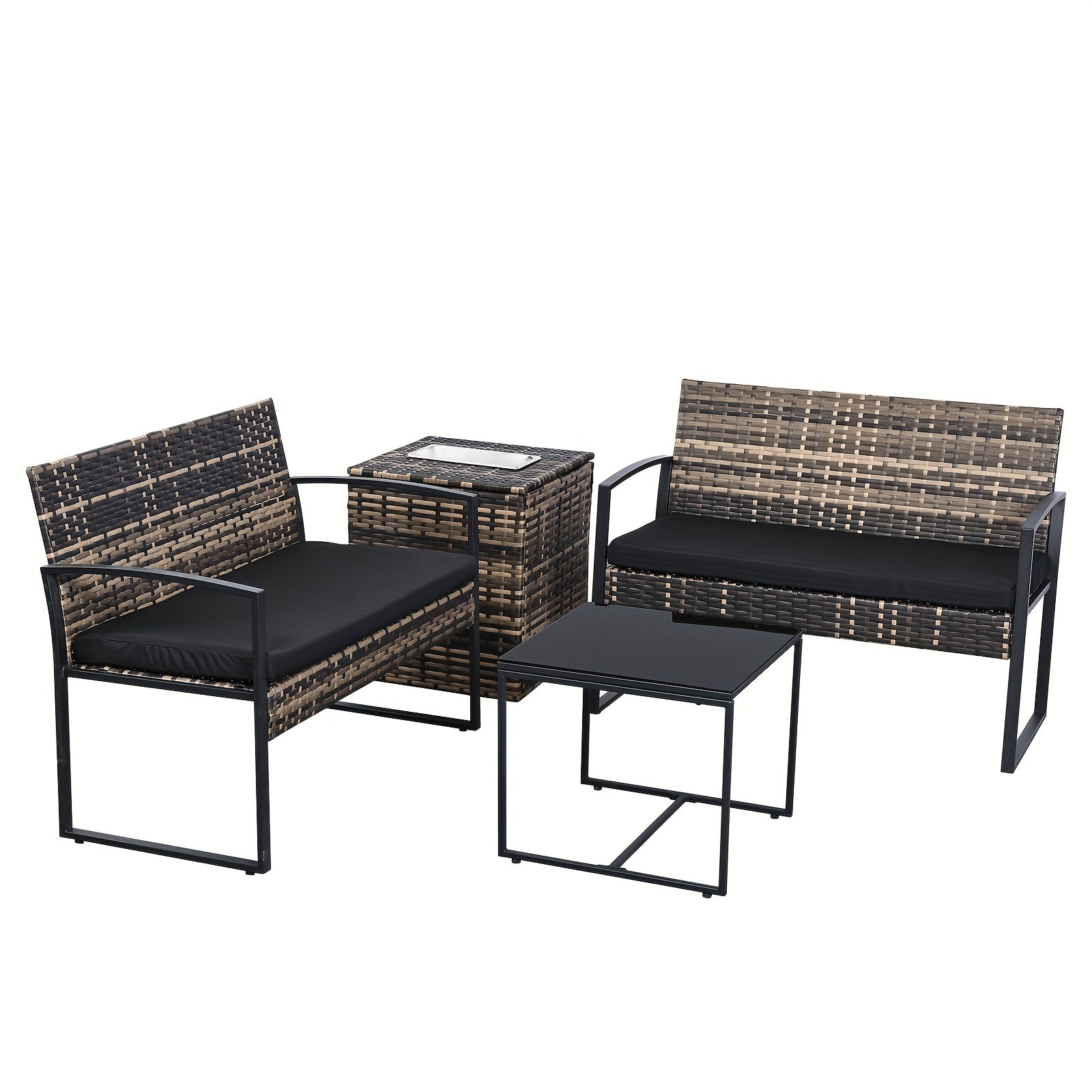 4pcs Outdoor Patio Furniture Set, Wicker Patio Sofa Set with Built-in Ice Bucket Storage Box, Loveseat And Coffee Table, All-Weather Outdoor Conversation Set, Ideal for Garden, Porch, Backyard