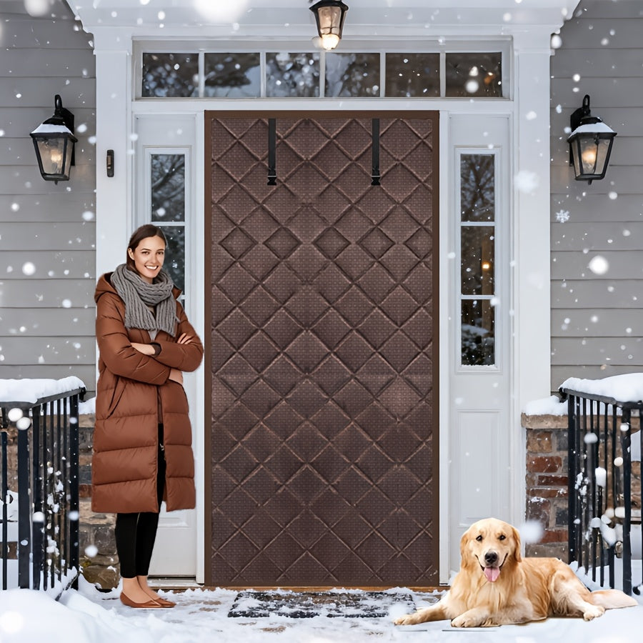 Thick Oxford Cloth Diamond Grid Magnetic Thermal Insulated Door Curtain, Wind Cold Barrier Foldable Roll Up Door Drape with Storage Buckle, Punch-resistant Energy Saving Insulation Door Screen for Hou