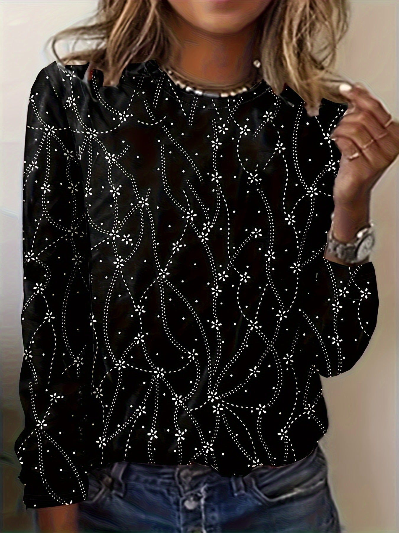 Women's 3D Digital Print Loose Long Sleeve Pullover Sweatshirt