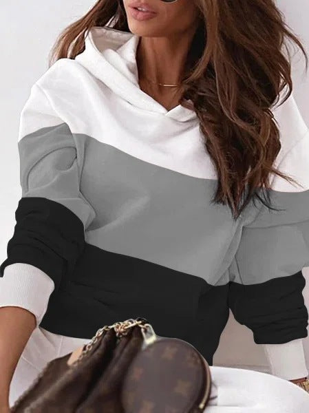 Casual Contrast Hooded Long Sleeve Pullover Top