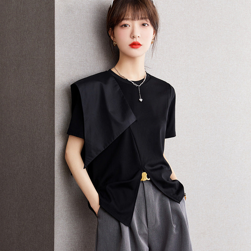 Women's Summer Split-Design T-Shirt – Loose Fit, Asymmetric Stitching