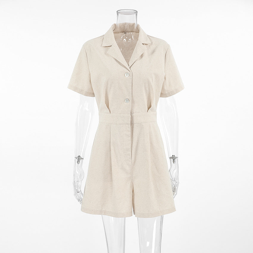 French Cotton Linen High-Waist Casual Jumpsuit