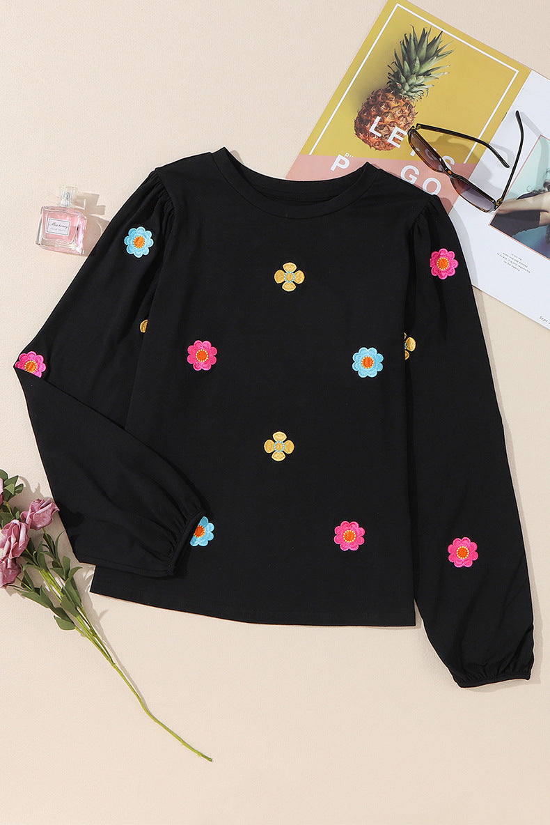 Floral Embroidered Long Sleeve Pullover Cotton Sweater