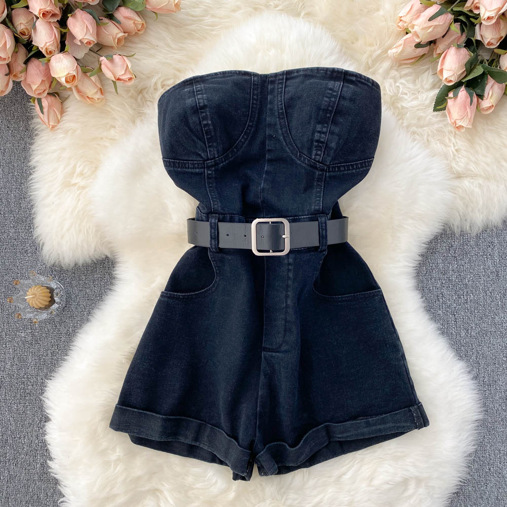 Women's High-Waist Denim Romper Casual Wide-Leg Jumpsuit