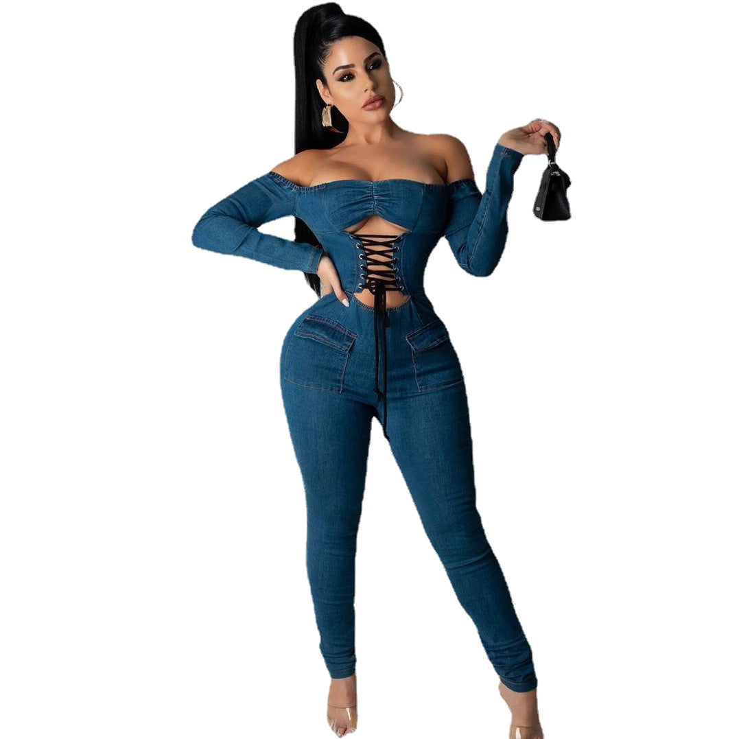 Women's Off-Shoulder Distressed Denim Jumpsuit