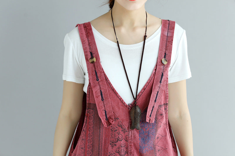 Printed Distressed Cropped Stitching Denim Suspender Pants