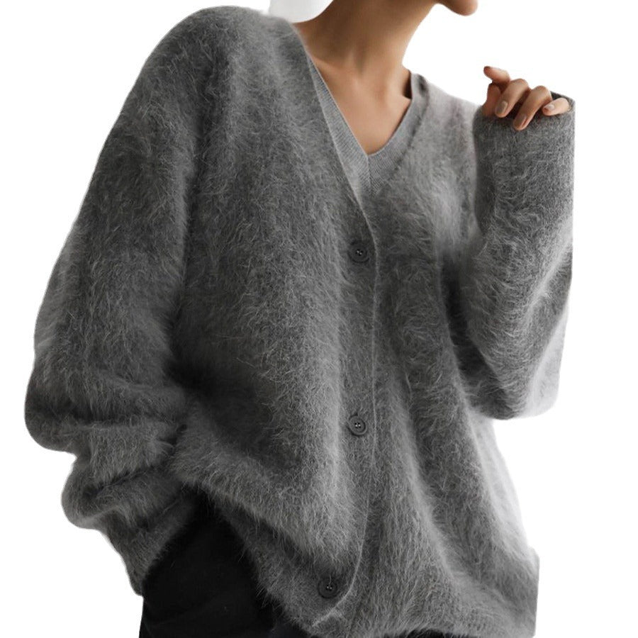 Cross-border Hot Sale Spring And Autumn Imitation Marten Cardigan Women Idle Style Loose Sweater Coat Soft Long-sleeved Sweater Women