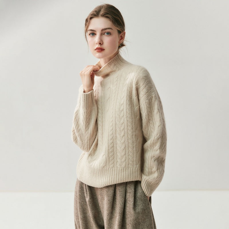 Womens Half-turtleneck Seamed Cable-knit Cashmere Sweater Elegant Artistic and Versatile for Any Look