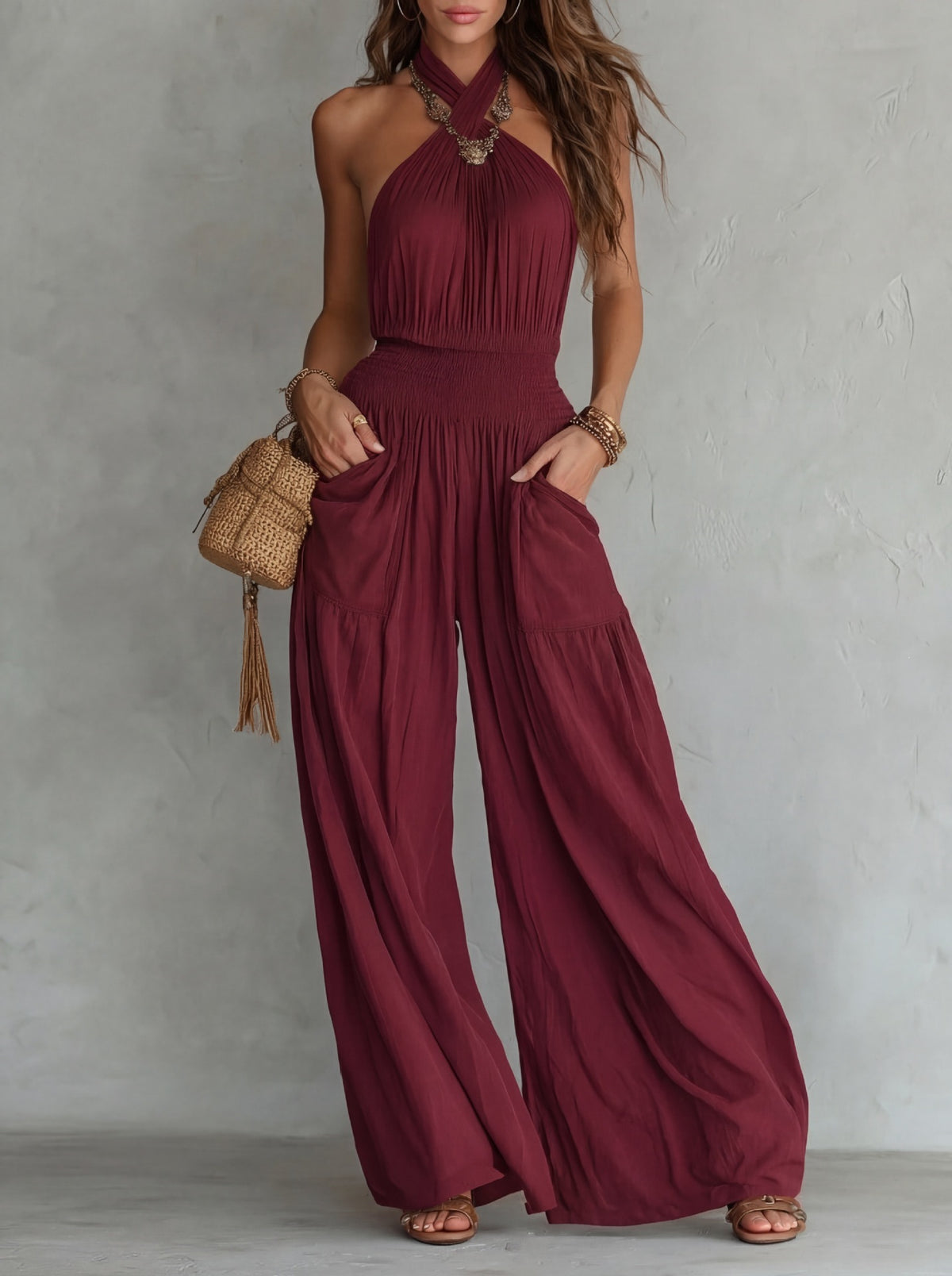 Bohemian Backless Wide Leg Jumpsuit with Pockets