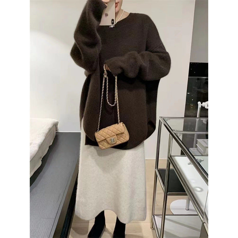 Womens Solid-color Loose-fitting Mid-length Sweater