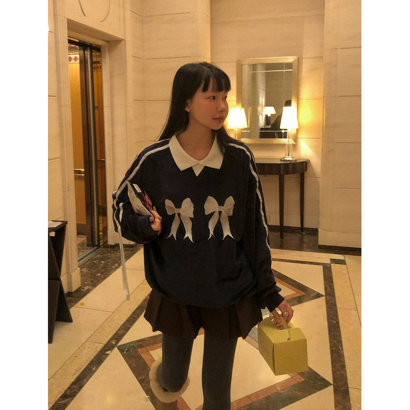 Retro Bow Embroidered Striped Contrast Knit Sweater