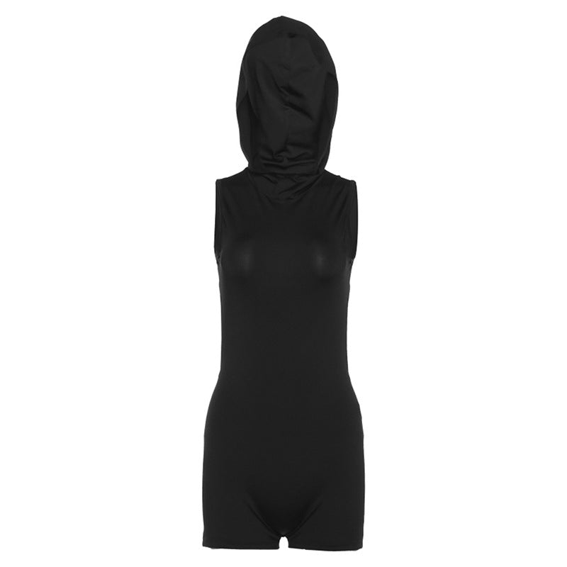 Women's Hooded Hollow-Out Slim High-Waist Romper Shorts