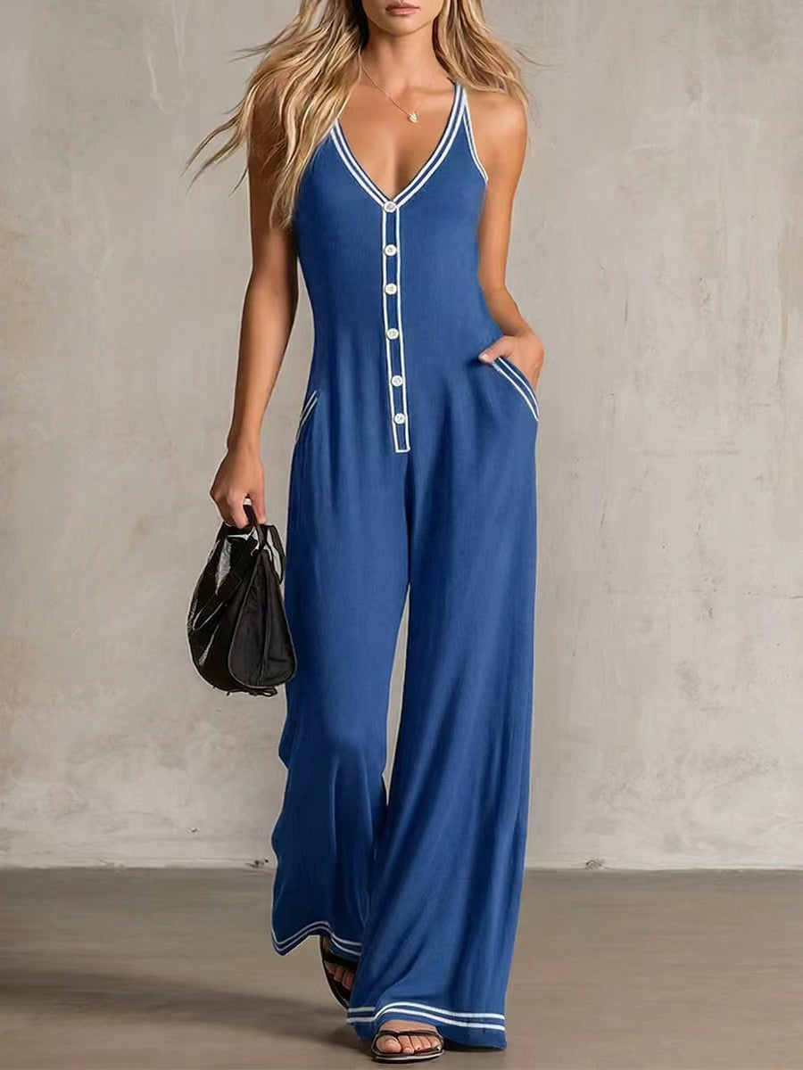 Chic French-Style Color-Block Button Strap Jumpsuit
