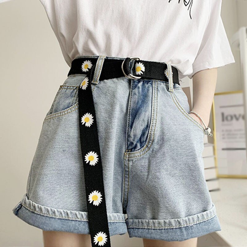 Daisy Print Canvas Belt with Iron D-Buckle