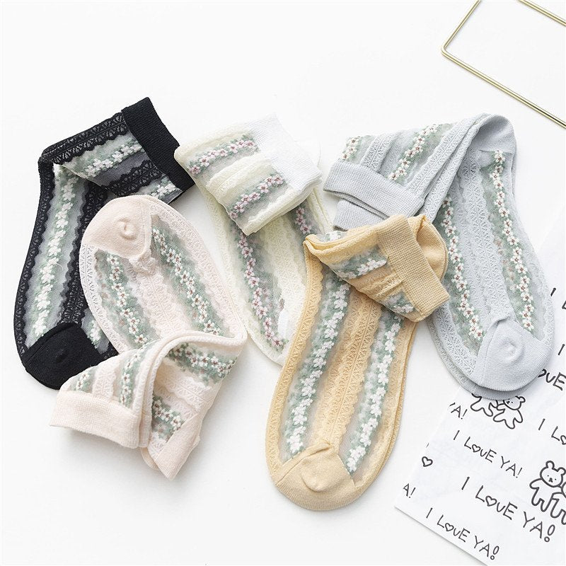 Ultra-Thin Floral Silk Socks for Women
