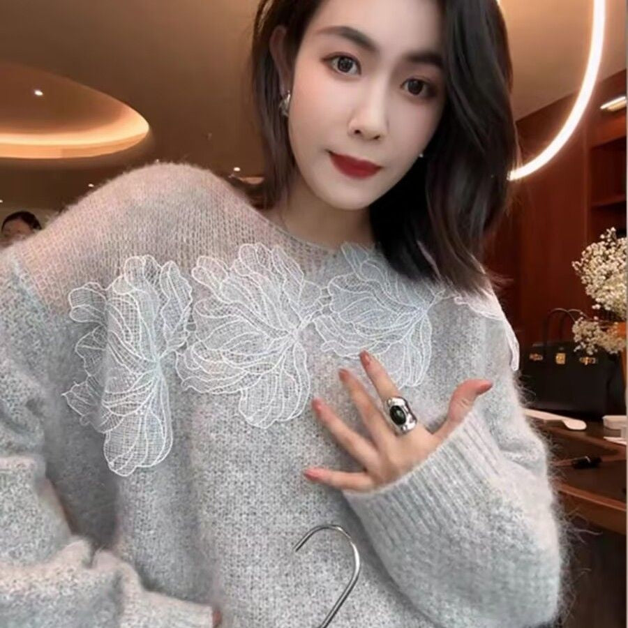 Womens Designer Lace-panel Hollow-out Sweater