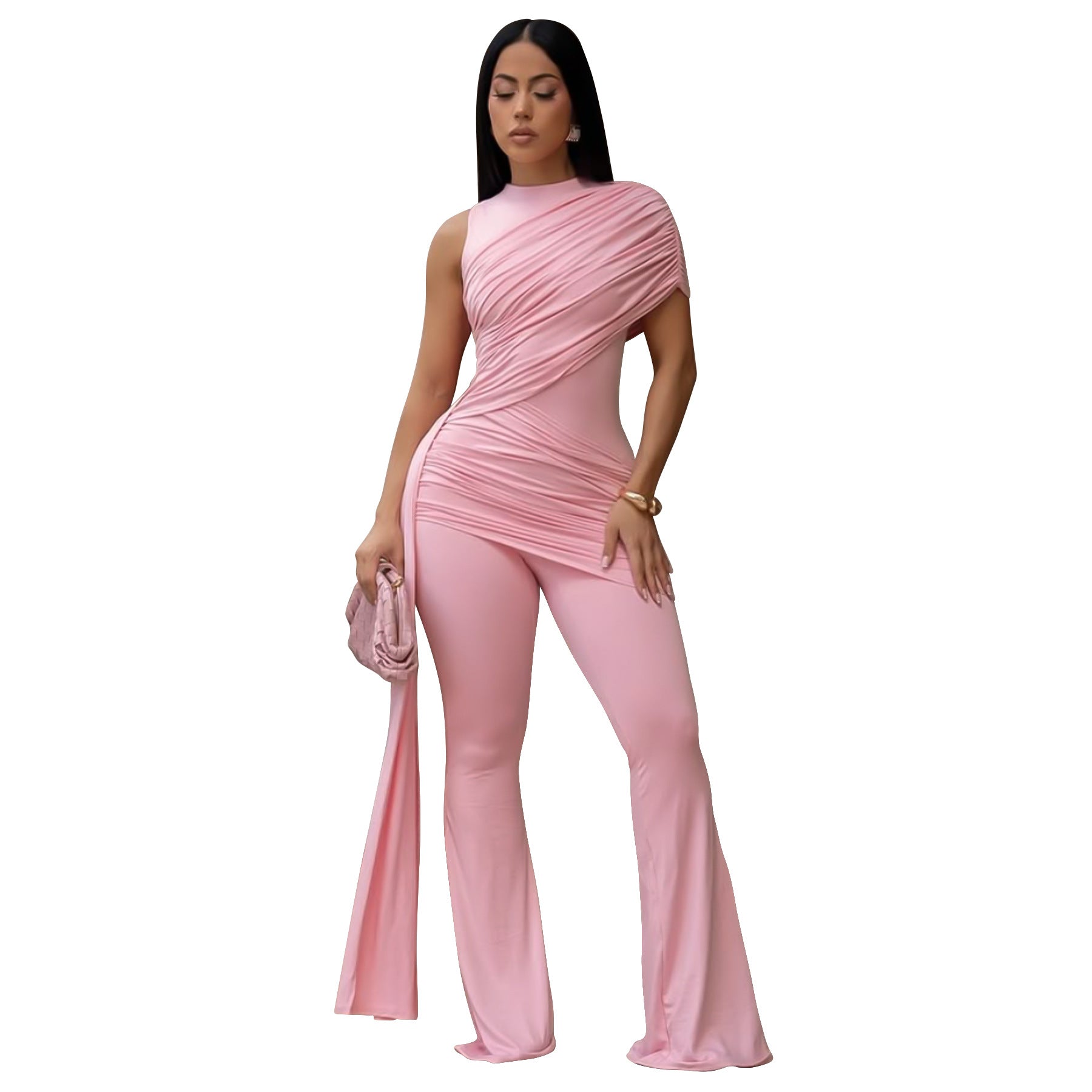 Sexy Crew-Neck Pleated Ribbon Flare Jumpsuit
