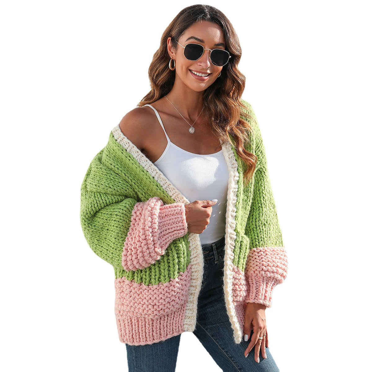 Thick Sweater Idle Style Contrast Color Knitted Cardigan for Women