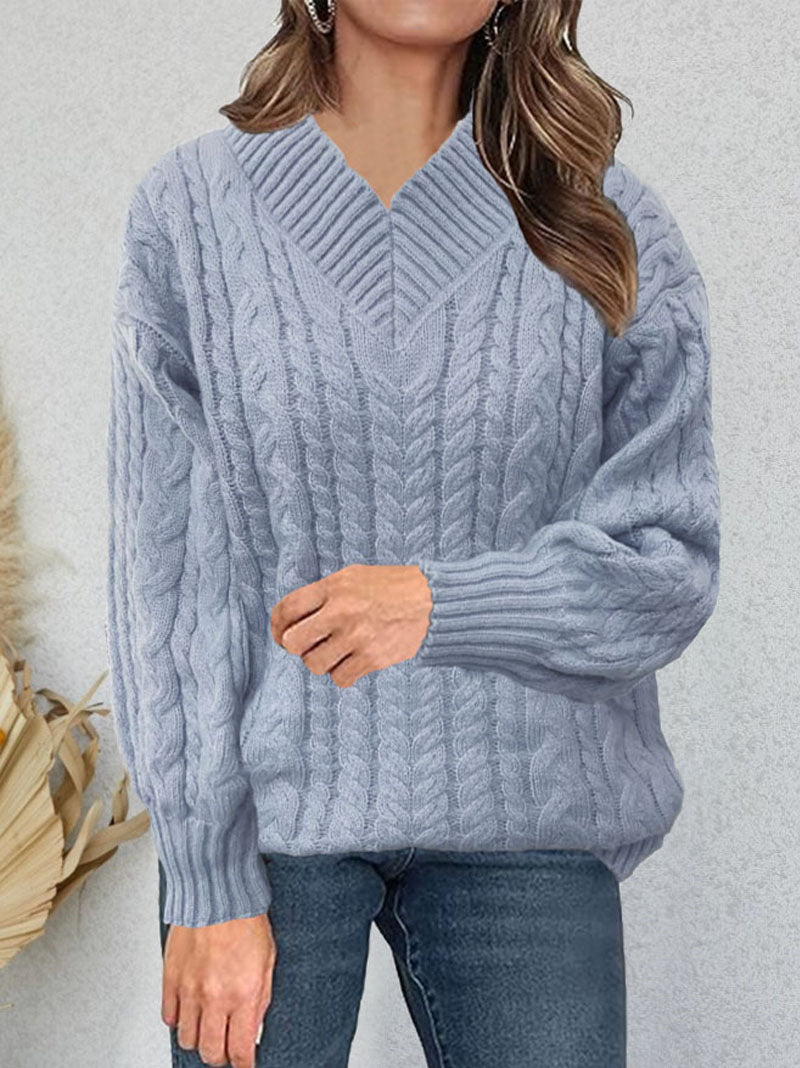 Women's Autumn and Winter New Long-sleeved Knitted V-neck Pullover Sweater