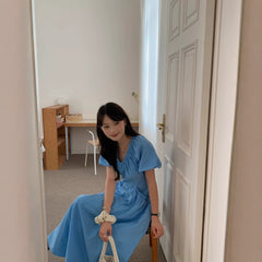 Women's Casual V-Neck Dress With Puff Sleeves