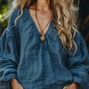 Womens Simple Relaxed-Fit Long-Sleeve Linen Top
