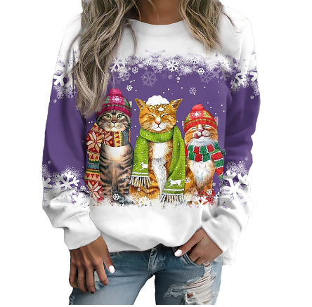 Festive Christmas Cat Print Crew Neck Pullover Sweatshirt
