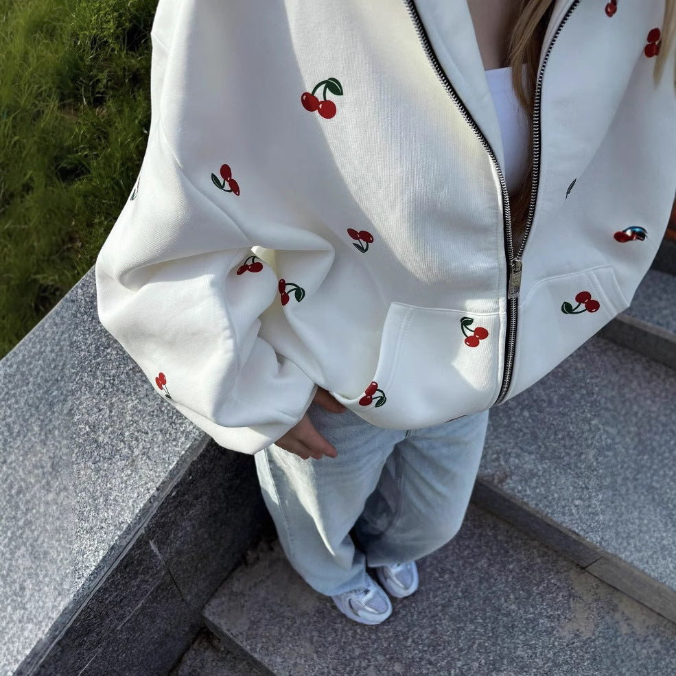 Women's Cute Cherry Print Zip-Up Hoodie