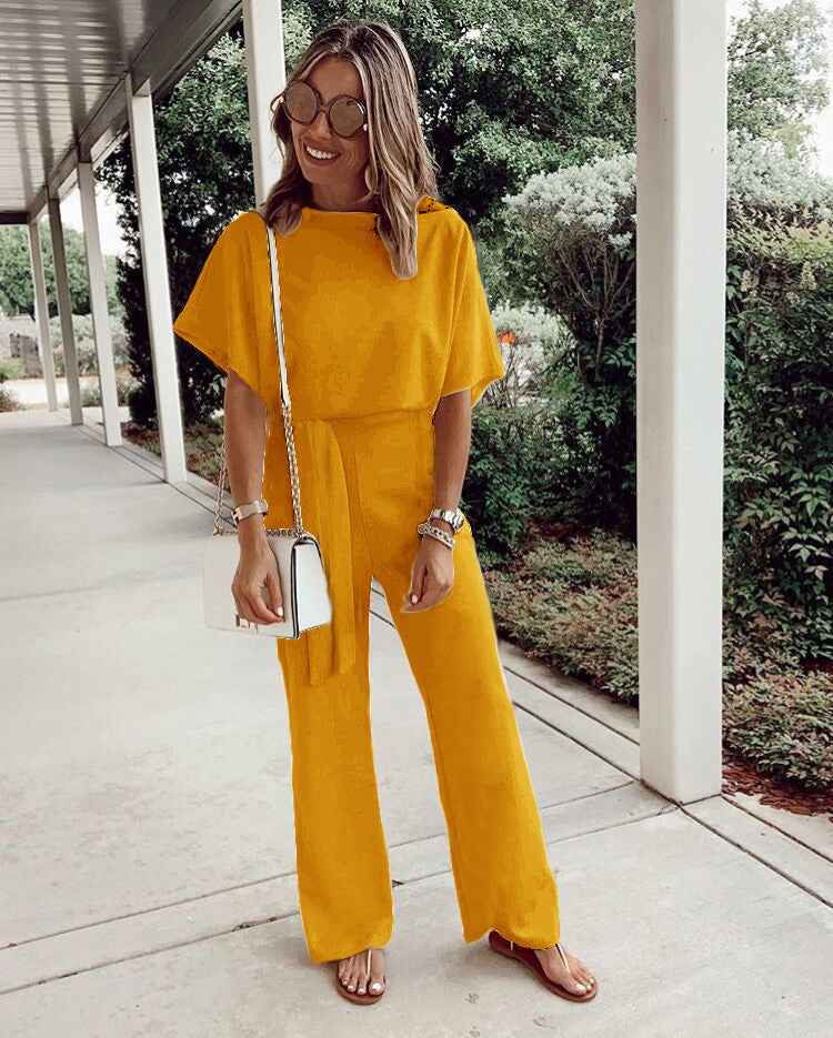 Women's Loose Casual Lace Up Jumpsuit Short Sleeve