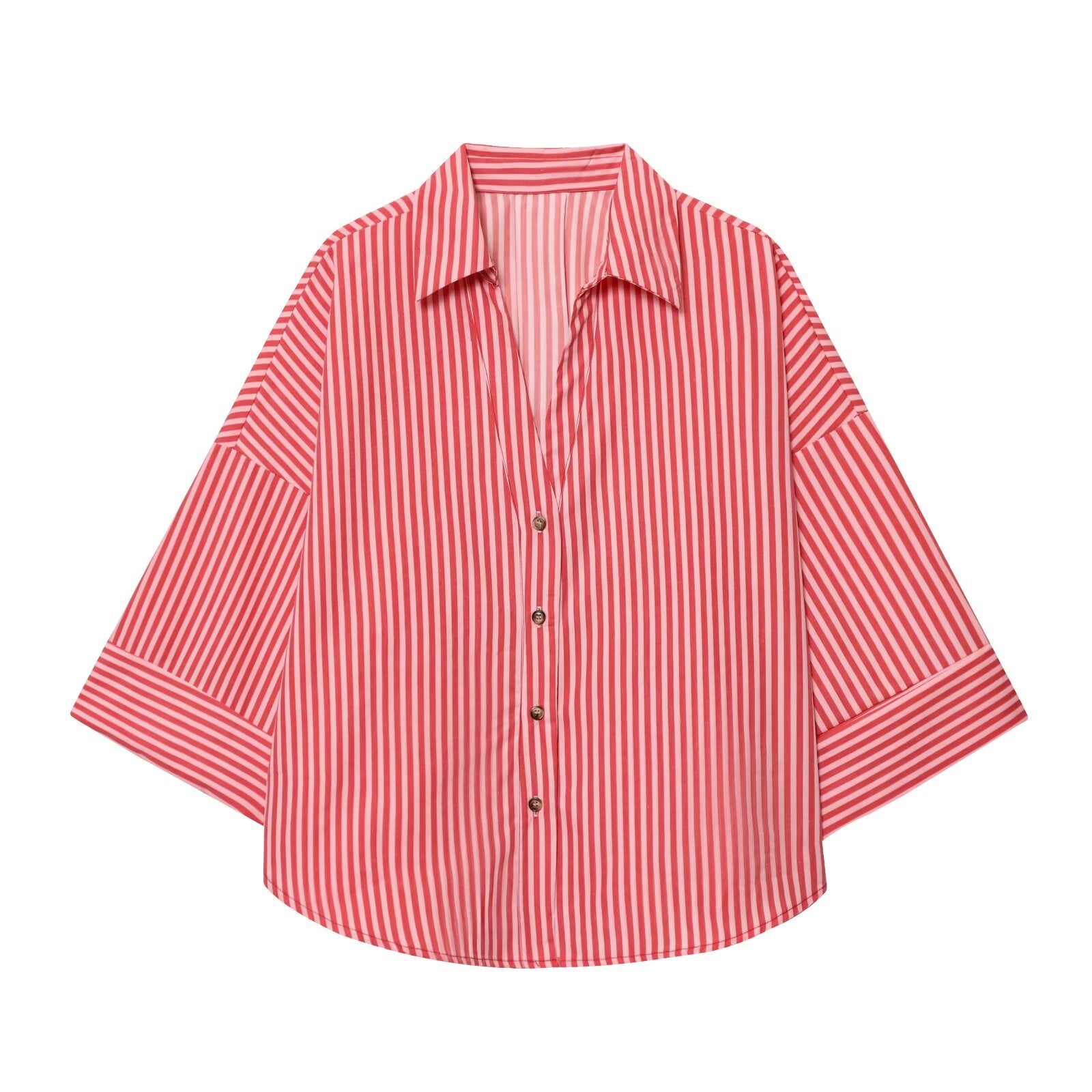 Women's Fashionable Slim-Fit Linen Multi-Color Striped Long-Sleeve Shirt