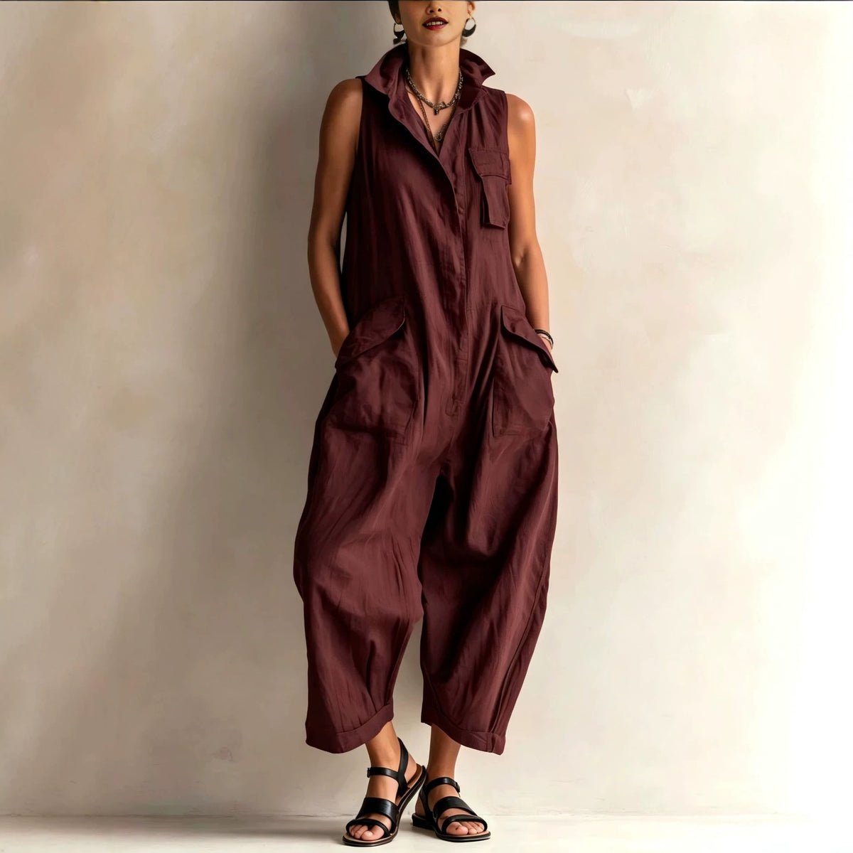 Casual Cotton Multi-Pocket Wide-Leg Jumpsuit