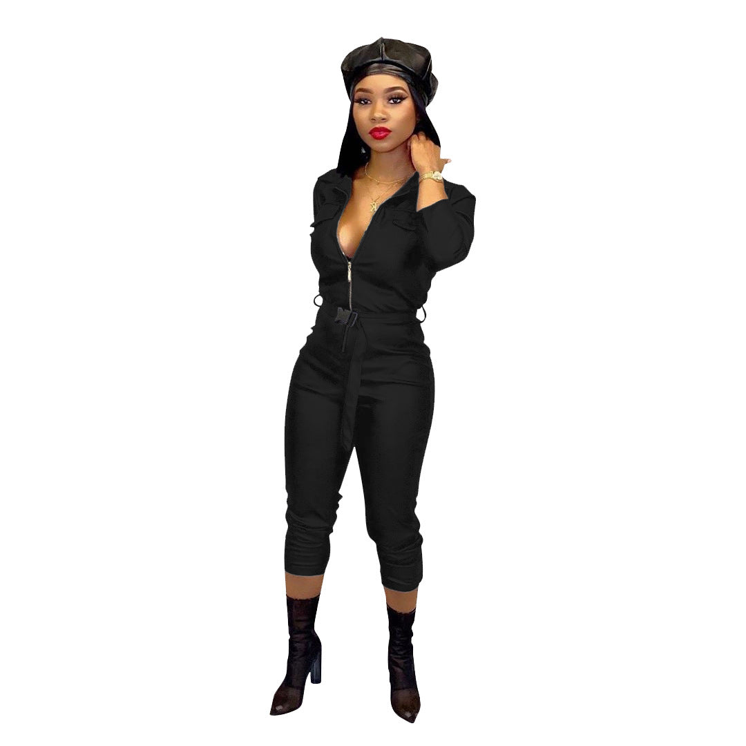 Women's High Elastic Faux Leather Casual Jumpsuit