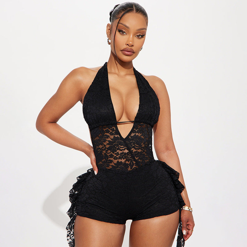 Lace-spliced Halterneck Bodysuit With A Bold Open Back And Ruffled Hem
