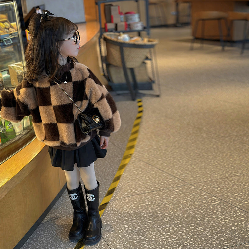 Kids Fleece-Lined Plaid Sweater Warm Winter Pullover